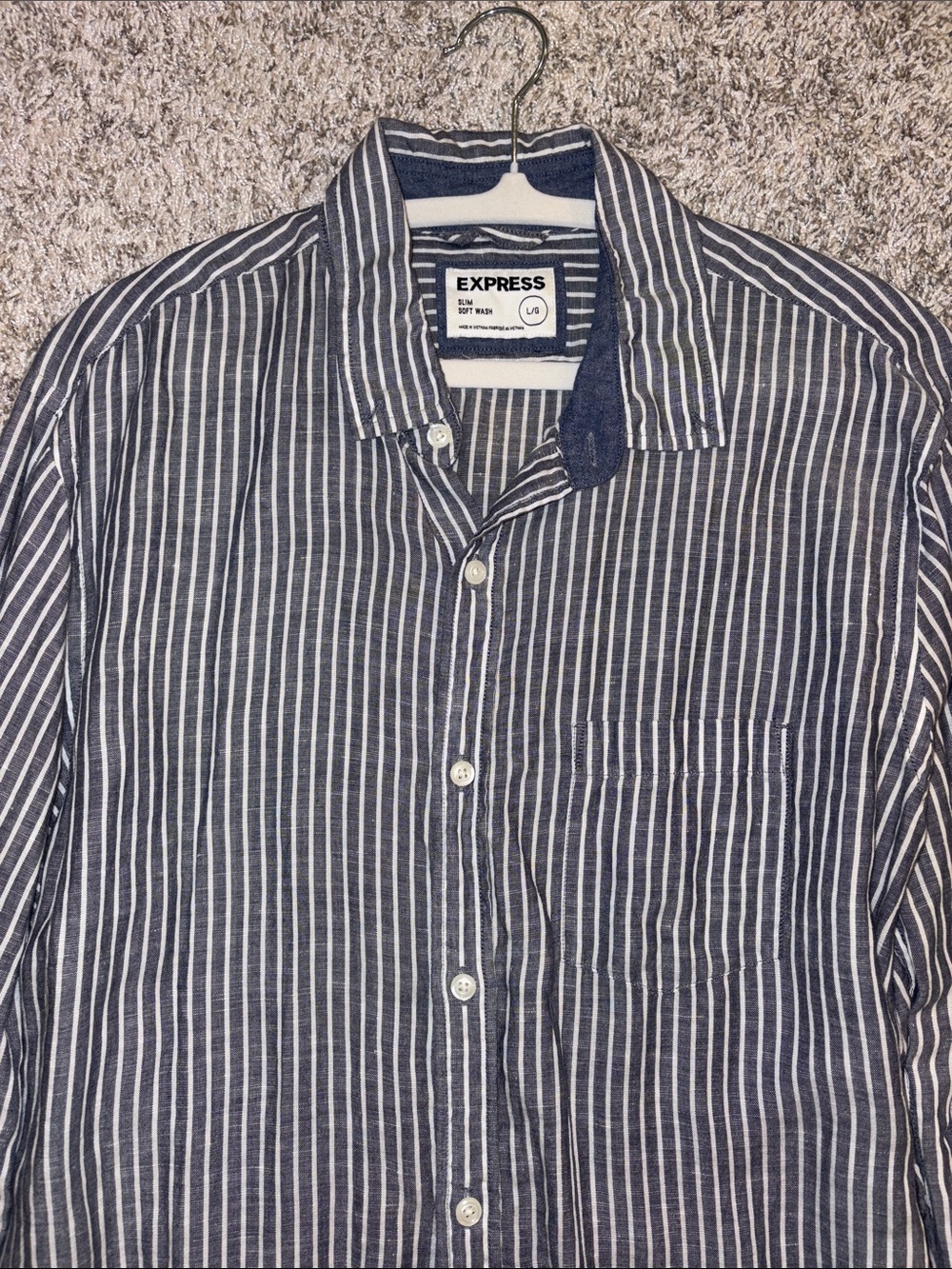 Express Men's Navy and White Vertical Stripe Button-Down Shirt